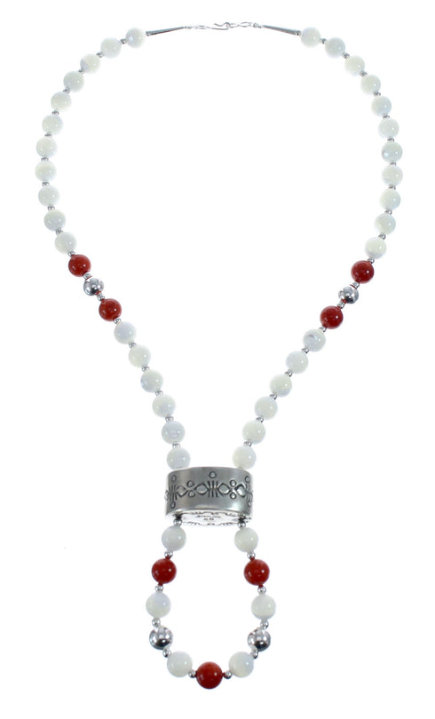 Coral And Mother of Pearl Navajo Sterling Silver Bead Necklace AX126060